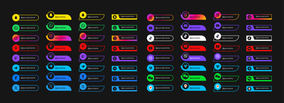 Colorful lower thirds for 20+ social media platforms. Perfect for streaming, video content, branding, and online promotion. Fully editable nameplates with matching platform icons.