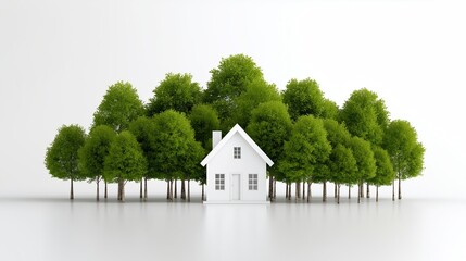 White Minimalist House Model Surrounded by Green Trees isolated white background