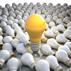 One bright yellow light bulb stands out among many white bulbs isolated on transparent background