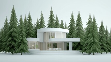 White Minimalist House Model Surrounded by Green Trees isolated white background