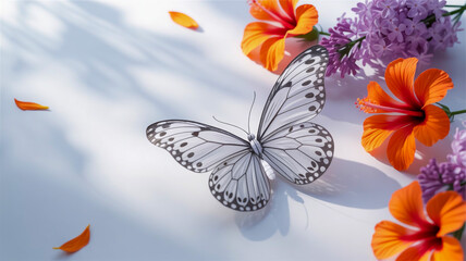 A high-key photograph of a white paper butterfly with delicate black line details on its wings, centered on a pure white background.