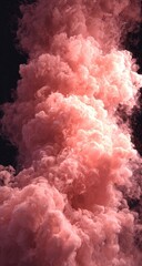 A vertical image of a swirling, dense, rose-pink smoke plume against a stark black background.  The smoke is illuminated from within, creating a soft, ethereal glow