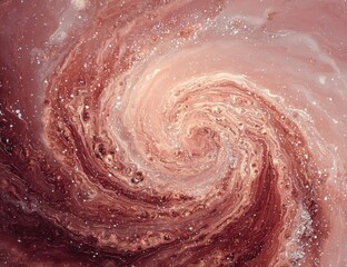 A swirling vortex of muted rose and beige hues, speckled with iridescent glitter, resembling a cosmic nebula or fluid art