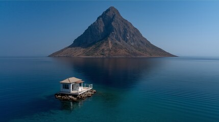 White Rock Platform Floating on Blue Water with Mountain Background