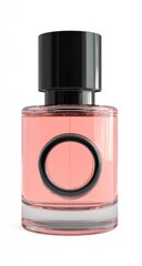 A translucent, light-coral perfume bottle with a black cap and a circular design on the label, set against a white background