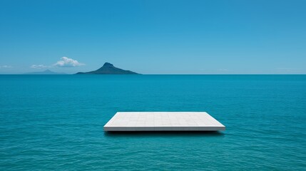 White Rock Platform Floating on Blue Water with Mountain Background
