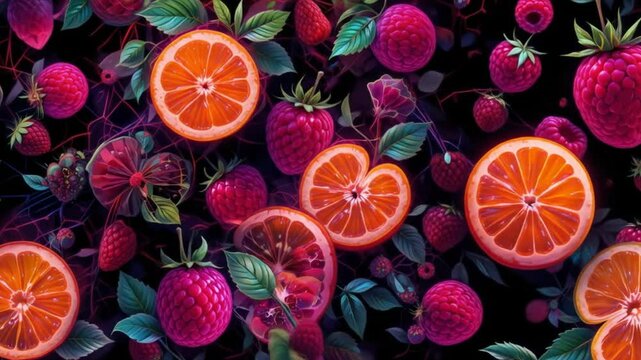 Artistic fruit pattern with vibrant oranges and raspberries on a dark background