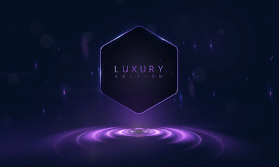 Dark background with hexagonal shape and glowing rings on the virtual stage. Emphasized elegance and futurism for branding or UI solutions.