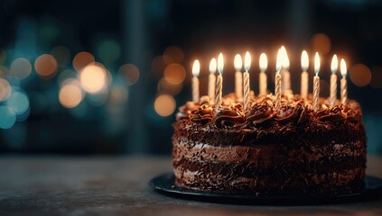 A decadent chocolate cake, frosted and adorned with numerous lit candles, sits on a dark surface against a bokeh background
