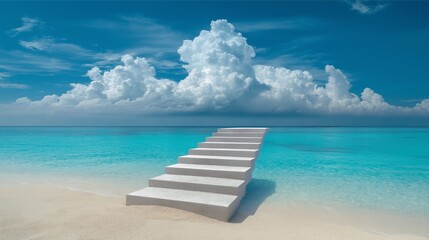 White Sand Steps Leading to a Turquoise Ocean Under a Bright Blue Sky with Fluffy Clouds