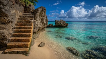 White Sand Steps Leading to a Turquoise Ocean Under a Bright Blue Sky with Fluffy Clouds