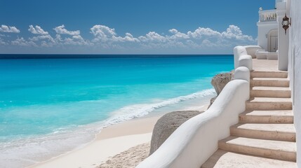 White Sand Steps Leading to a Turquoise Ocean Under a Bright Blue Sky with Fluffy Clouds