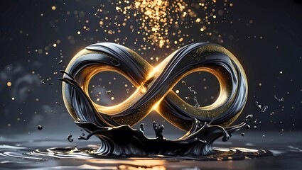 墨汁と絡み合う黄金の無限マーク3Dオブジェクト