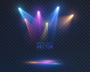 Stage spotlights with colorful multicolor beams. Realistic vector spotlights for stages, presentations and show design.