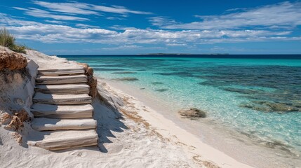 White Sand Steps Leading to a Turquoise Ocean Under a Bright Blue Sky with Fluffy Clouds