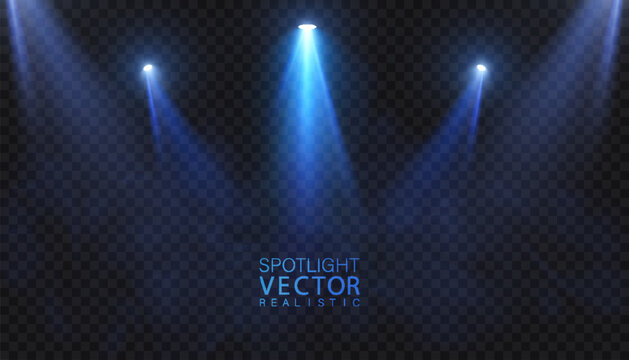 Stage spotlights with blue glow and bright downward beams. Realistic vector spotlight for stages, presentations and show design.