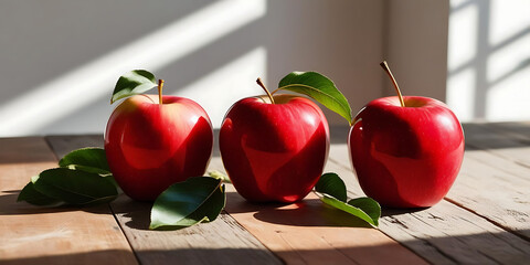 
Three red apples on sunlit wooden surface

