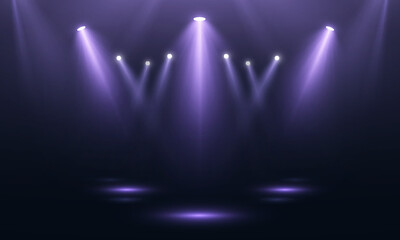 Stage spotlights with violet glow and downward beams. Realistic vector spotlights for stages, presentations and show design.
