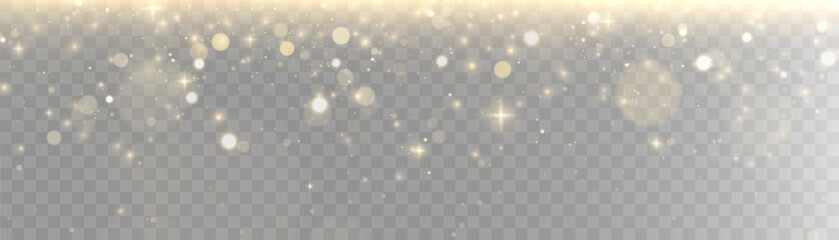 Gold dust light bokeh. Christmas glowing bokeh and glitter overlay texture for your design on a transparent background. Golden particles abstract vector background.	
