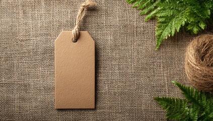 Blank kraft tag on burlap, twine, and ferns