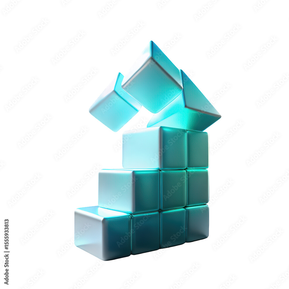 Poster abstract 3d render of turquoise cubes stacked in a creative and modern design showing geometric shap