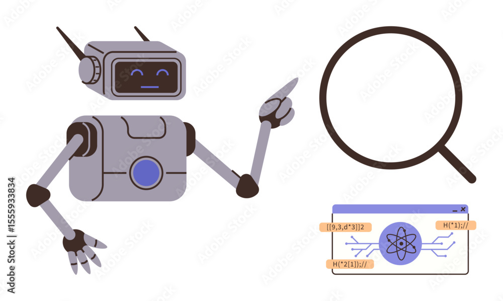 Aufkleber robot gesturing at magnifying glass and digital panel with atom symbol, representing artificial inte
