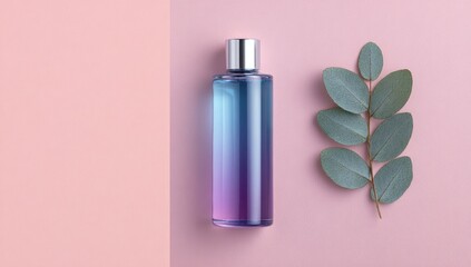 A pastel pink background features a slender, ombre blue-purple glass bottle of perfume or body wash, next to a sprig of eucalyptus