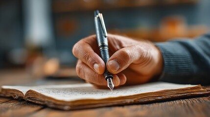 A person writes in an old journal with a fountain pen while sitting at a worn wooden writing desk indoors.