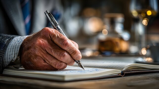 A mature gentleman carefully writes in a journal with a fountain pen at a rustic table setting indoors.