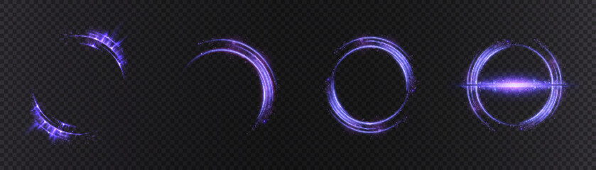 Purple light rings and semi-rings with sparks and glow effect. Elements for futuristic design, interfaces and covers. EPS vector