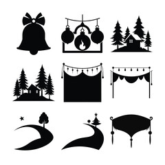 Festive Holiday Season Silhouettes Collection Featuring Christmas Bells, Ornaments, Winter Cabins, Garland Decorations, and Snowy Landscape Illustrations