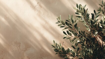 Sunlight streams across a beige textured surface, illuminating a sprig of vibrant green leaves positioned to the right