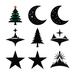Obraz premium Collection of Nighttime and Holiday Themed Graphics Depicting Stars, Mountains, Moons and Christmas Trees in Black and Green