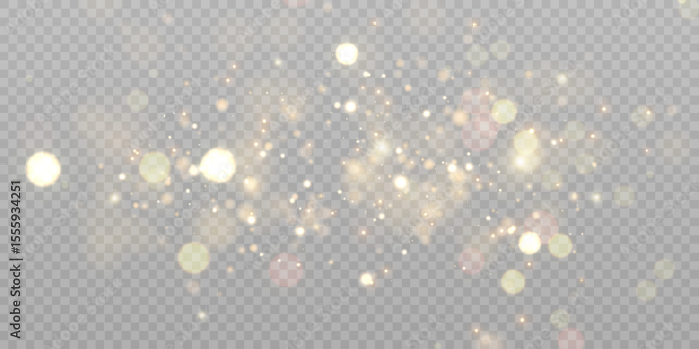 Poster Gold dust light bokeh. Christmas glowing bokeh and glitter overlay texture for your design on a transparent background. Golden particles abstract vector background.	
