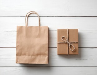 A kraft paper gift bag and a similarly wrapped gift box sit side-by-side on a white wood surface