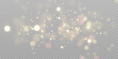 Gold dust light bokeh. Christmas glowing bokeh and glitter overlay texture for your design on a transparent background. Golden particles abstract vector background.	
