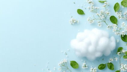 A fluffy white cloud rests on a pastel blue background, adorned with scattered white flowers and green leaves concentrated on the right