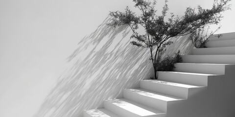 White Stairs Casting Hard Black Shadows on a Clean White Wall with Green Tree Branches