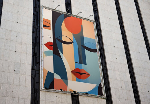 A large vertical billboard stands empty on a storefront, awaiting new advertisements. Located in an urban environment, it showcases potential. PSD template mockup