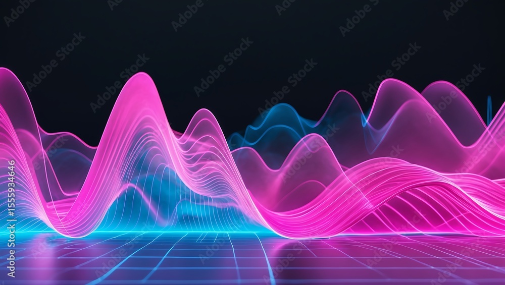 Poster abstract sound waveforms in pink and blue on grid background