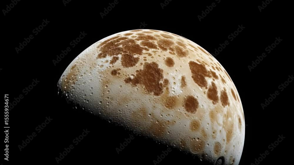 Poster close-up view of a celestial body showcasing a textured surface with craters and brownish patterns, 