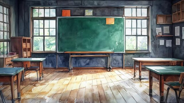 Empty classroom with chalkboard and rows of desks with chairs. Break at school. 4k videos. Classroom lofi anime vintage old building. Seamless looping 4k video background wallpaper