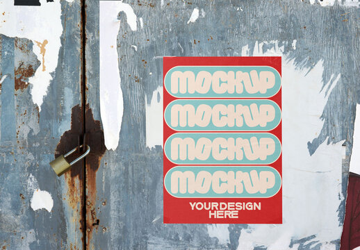 A blank poster mockup is affixed to a weathered surface with rust and peeling paint