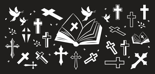 Black Christianity Icons Church bulding line icon set. Icons of christian religion