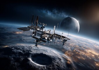 A vivid and detailed illustration showcasing the International Space Station orbiting Earth with the Moon&rsquo;s textured surface majestically framed in the background. 