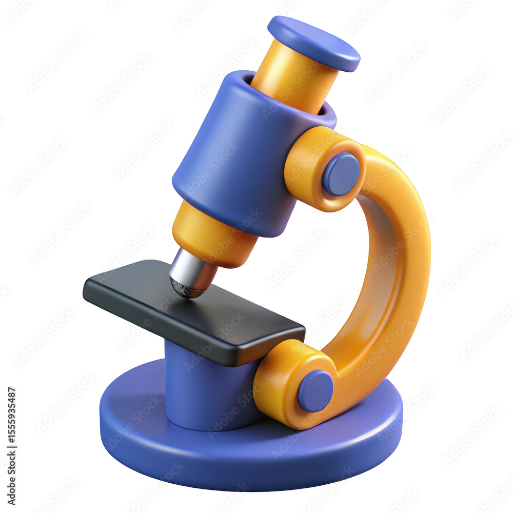 Poster stylized 3d render of a blue and orange microscope examining a small black object on a dark backgrou