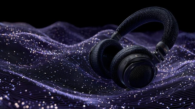 Wireless headphones rest on a shimme purple surface evoking sound and a relaxing musical experience.