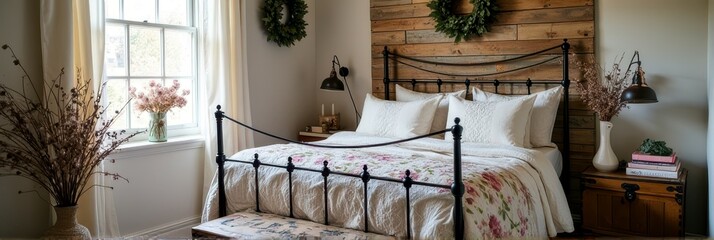 Cozy rustic bedroom with iron bed and wooden accent wall