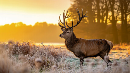 A majestic photograph of a red deer stag standing in a frost-covered field during sunrise.