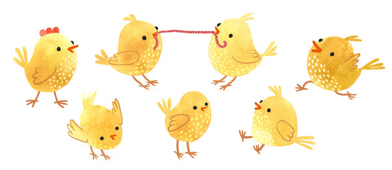 Adorable watercolor illustration of a set of playful yellow chicks.